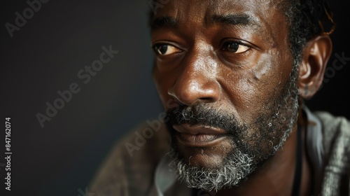 A close up portrait of a man's face. He has dark skin and a beard. He is looking to the side with a pensive expression. © stocker