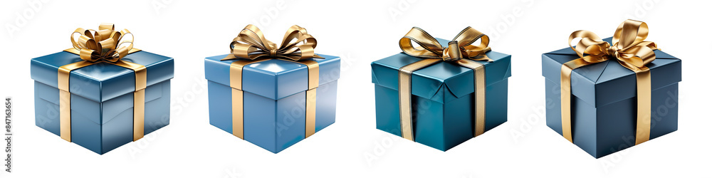 Obraz premium Collection set of Blue gift box with golden ribbon isolated on transparent background