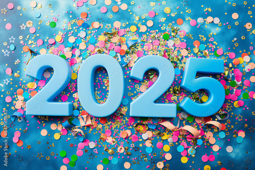 2025 new year celebration with confetti scattered on blue background 2025 new year celebration with confetti scattered on blue background