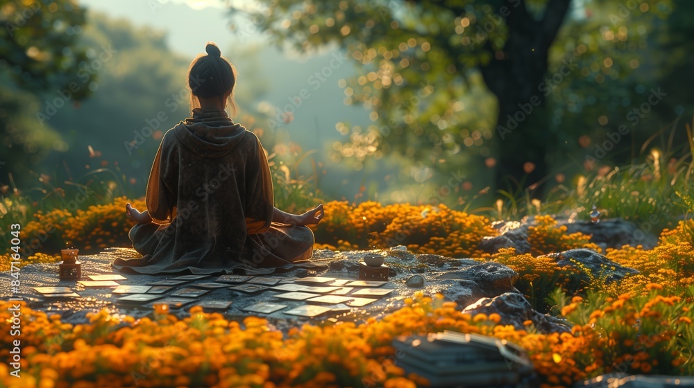 Tarot Cards Spread on Tree Root in Forest With Buddha Statue at Sunset Tarot Cards Spread on Tree Root in Forest With Buddha Statue at Sunset
