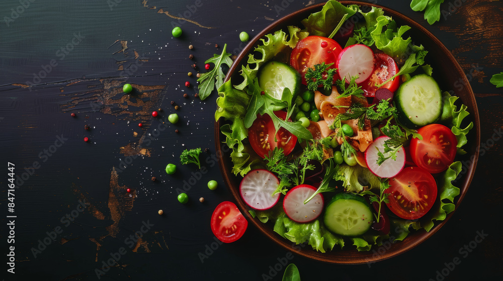 fresh vegetable salad with tomatoes cucumbers radishes and greens on dark background fresh vegetable salad with tomatoes cucumbers radishes and greens on dark background
