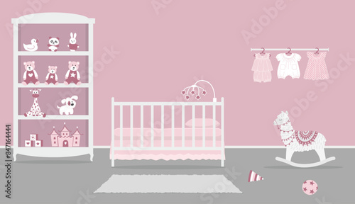 Kid's room for newborn baby. Interior bedroom for a baby in pink color. Playroom. Cot, wardrobe with toys, baby clothes, rocking llama, ball, other things. Vector illustration