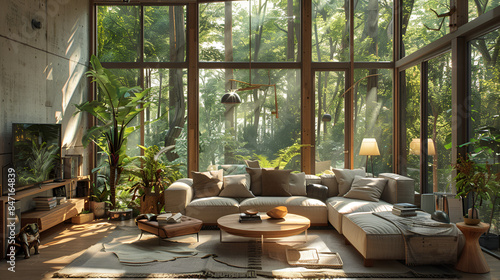 A forest houses living room with natural interior, The stylish boho compostion at living room interior with design gray sofa, wooden coffee table, commode & elegant personal accessories. Generative Ai