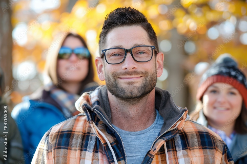 Portrait of a handsome young man in a checkered shirt and glasses against the background of a group of friends. Portrait of a handsome young man in a checkered shirt and glasses against the background of a group of friends.