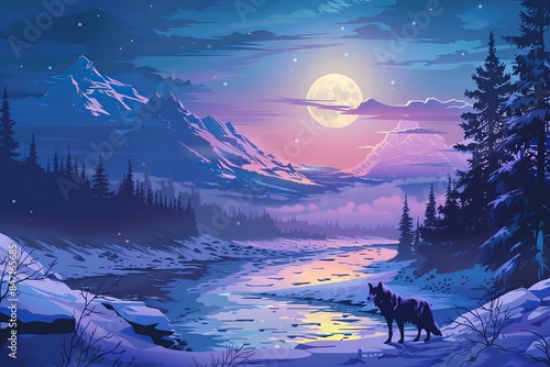 Black wolf standing by a frozen river with a full moon shining over snowy mountains in a purple sky © ylivdesign