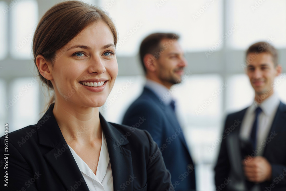 European woman in a business suit is smiling at the camera. She is surrounded by two men in suits European woman in a business suit is smiling at the camera. She is surrounded by two men in suits