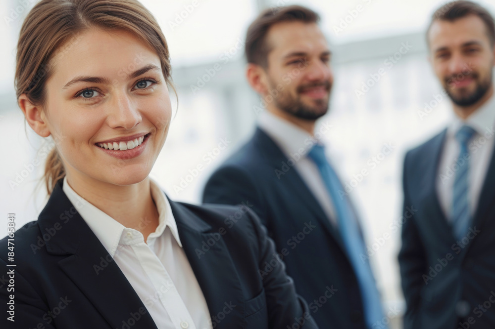 Portrait of happy businesswoman manager in a business suit is smiling at the camera. She is surrounded by two men in suits Portrait of happy businesswoman manager in a business suit is smiling at the camera. She is surrounded by two men in suits
