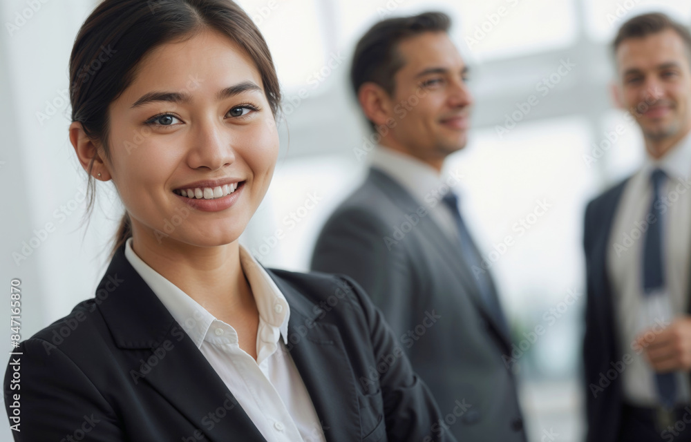 Asian businesswoman in a business suit is smiling and posing for a photo with two men in suits. Concept of professionalism and confidence Asian businesswoman in a business suit is smiling and posing for a photo with two men in suits. Concept of professionalism and confidence