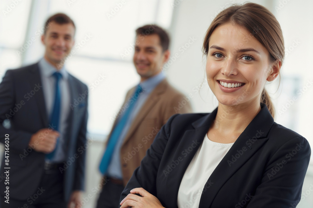 European woman in a business suit is smiling at the camera. She is surrounded by two men in suits European woman in a business suit is smiling at the camera. She is surrounded by two men in suits