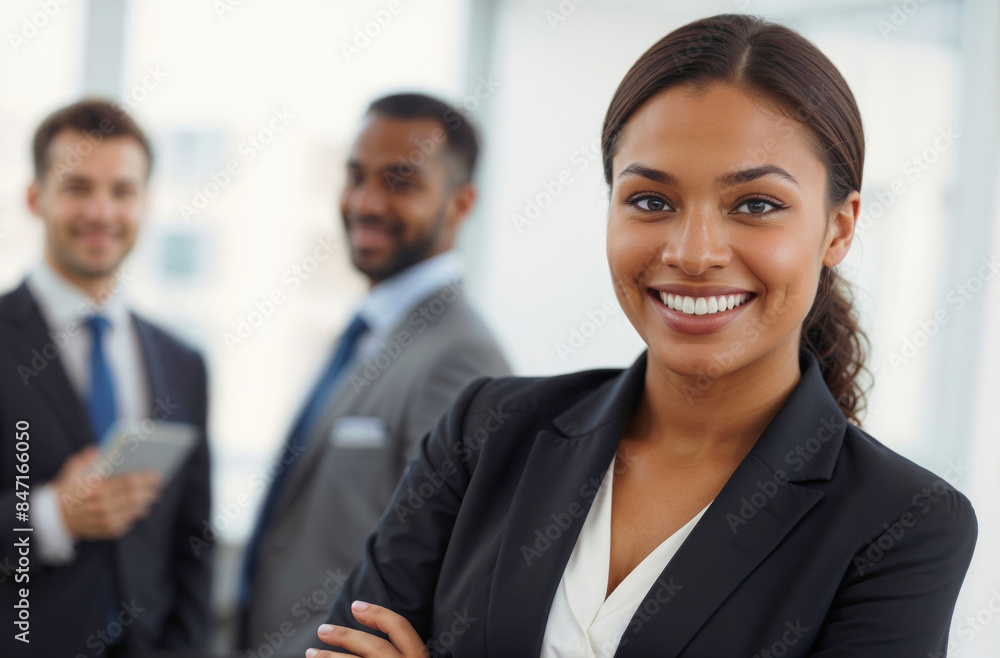 Happy Afro businesswoman in a business suit is smiling and posing for a photo with two men in suits. Concept of professionalism