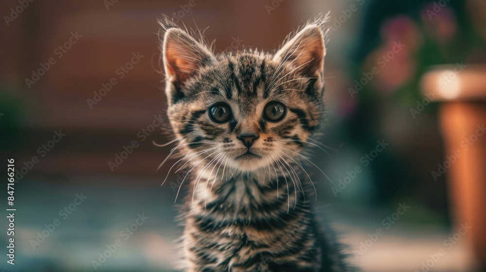 Naklejka premium A kitten that is two months old is seated and gazing at the camera