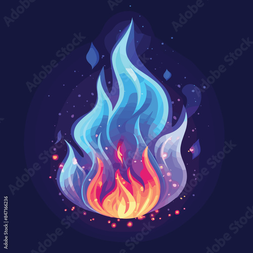 Vibrant colorful flames engulfing space, hues blue purple merging fire. Animated style blaze dynamic motion, glowing embers dotting dark backdrop. Enigmatic abstract inferno, digital artistry