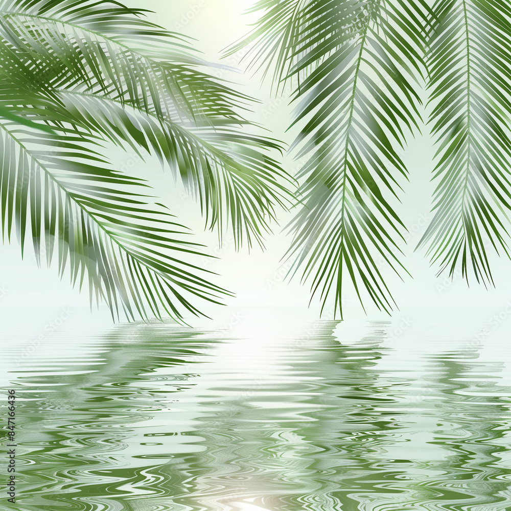 Naklejka premium Abstract summer background, palm leaves shadows, white wall, sunlight, water ripples, copy space. Realistic Palm Leaves on Clear Background, 3D Render, Empty White Background.