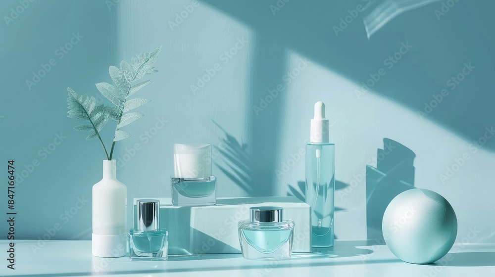 Luxury beauty products elegantly displayed against a soft blue backdrop with room for text Luxury beauty products elegantly displayed against a soft blue backdrop with room for text