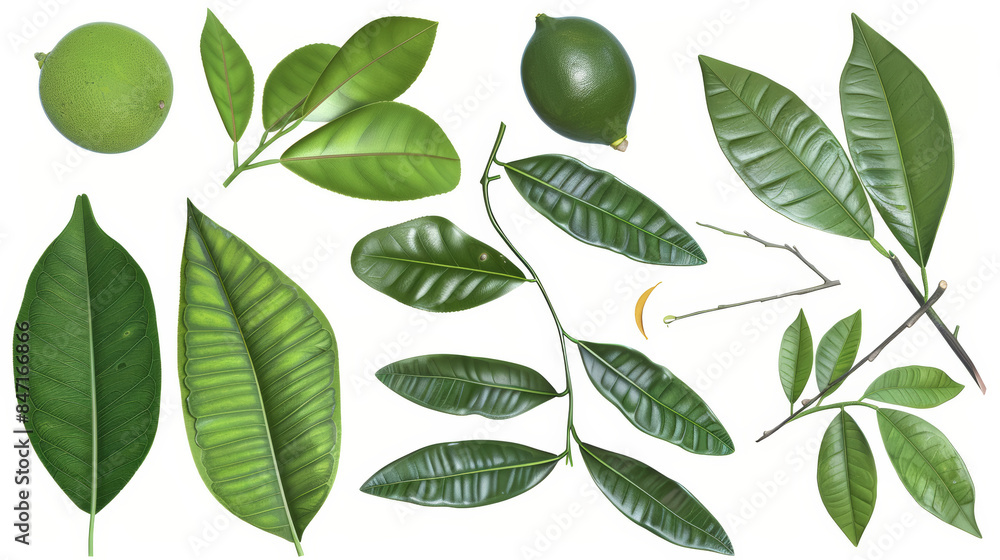 Naklejka premium Assorted green leaves and a sliced lime on a white background