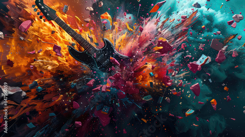 rock music instruments exploding with colorful, Generative AI