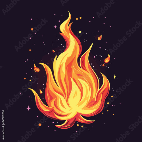 Vibrant flames burning against dark background creating warm fire illustration. Detailed orange yellow fire graphic design sparks, stars, swirling flame. Cartoon style blazing inferno suitable heat