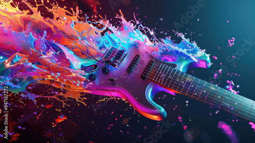 rock music instruments exploding with colorful, Generative AI