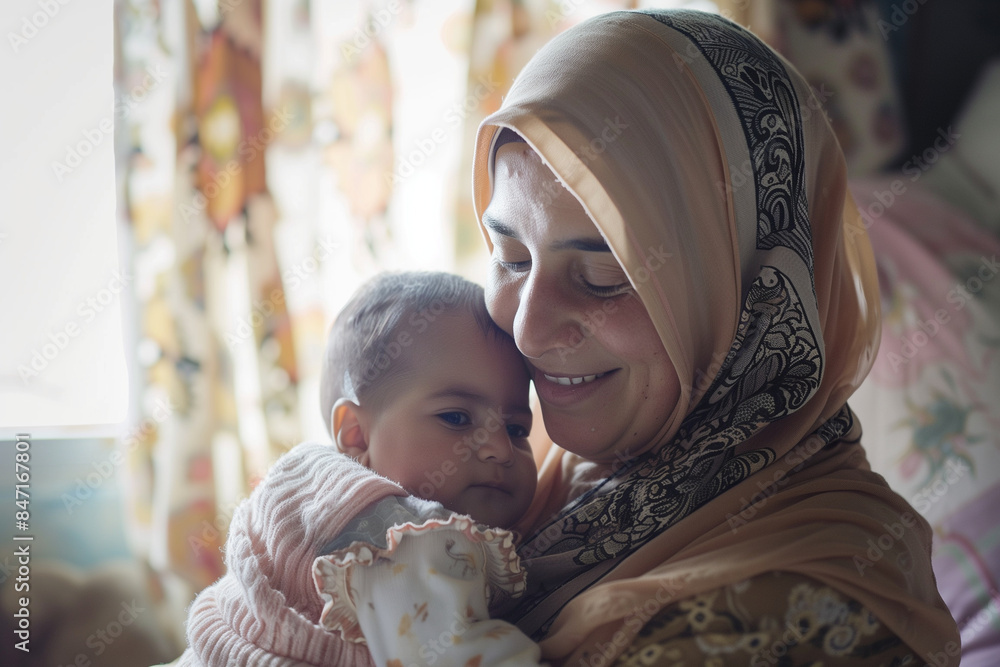 Obraz premium A cinematic shot of a middle-aged Palestinian woman wearing a hijab, smiling warmly as she holds her newborn baby in her arms. They are in a cozy room in a Gaza house, with soft na