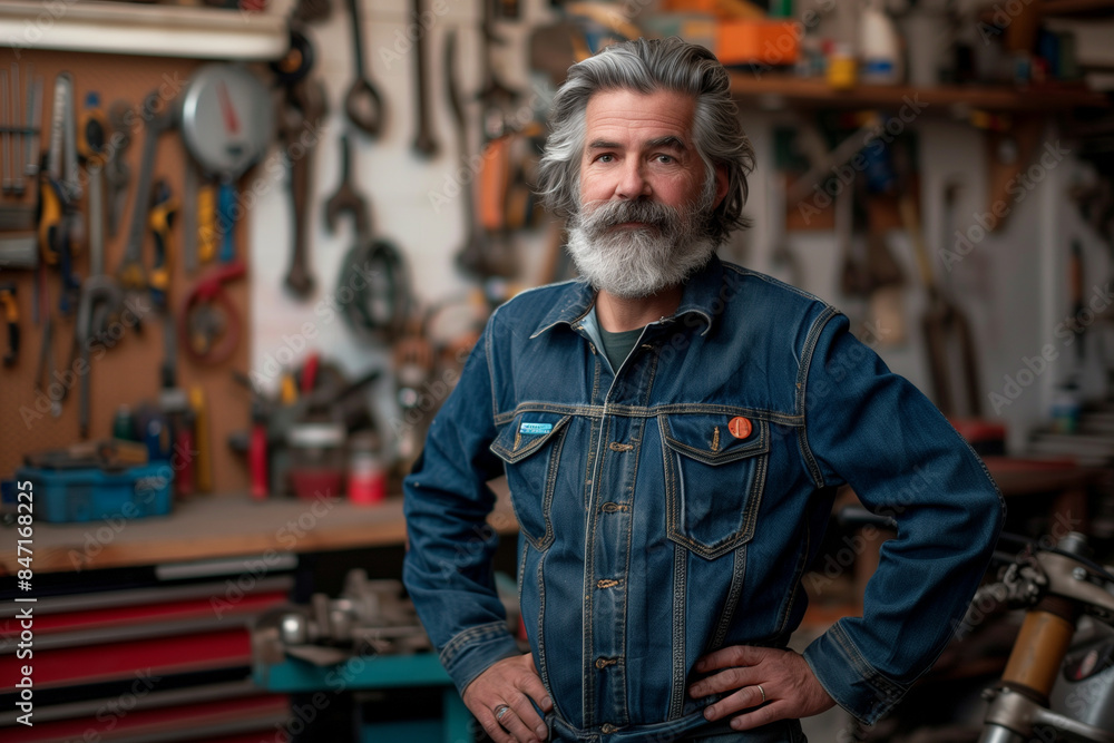 The photo captures a middle-aged car mechanic with gray hair and a beard standing in his garage, wearing a jean jacket. With a proud smile, he stands with his hands on his hips. Th The photo captures a middle-aged car mechanic with gray hair and a beard standing in his garage, wearing a jean jacket. With a proud smile, he stands with his hands on his hips. Th
