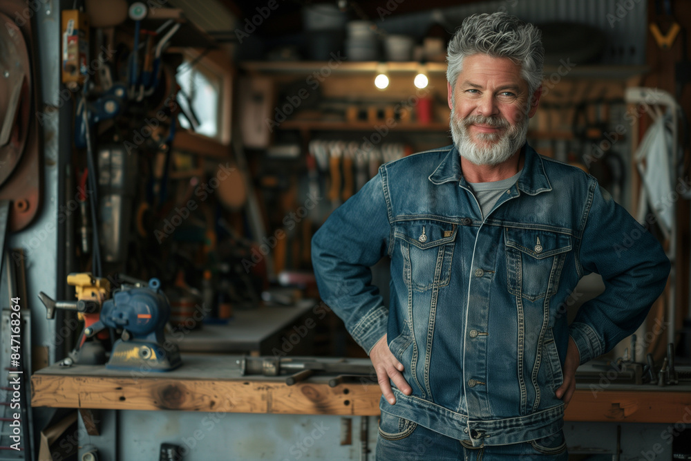 A middle-aged man with gray hair and a beard, dressed in a jean jacket, stands in his garage with a smile on his face. His hands rest on his hips, exuding confidence. The garage is A middle-aged man with gray hair and a beard, dressed in a jean jacket, stands in his garage with a smile on his face. His hands rest on his hips, exuding confidence. The garage is