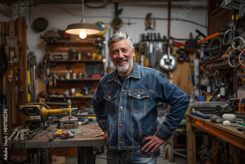 The photo captures a middle-aged car mechanic with gray hair and a beard standing in his garage, wearing a jean jacket. With a proud smile, he stands with his hands on his hips. Th