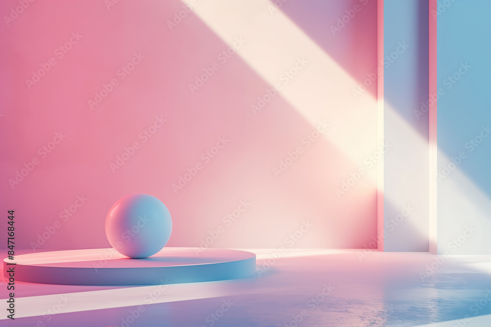 White sphere standing on a round podium in a room with pink and blue neon lights White sphere standing on a round podium in a room with pink and blue neon lights