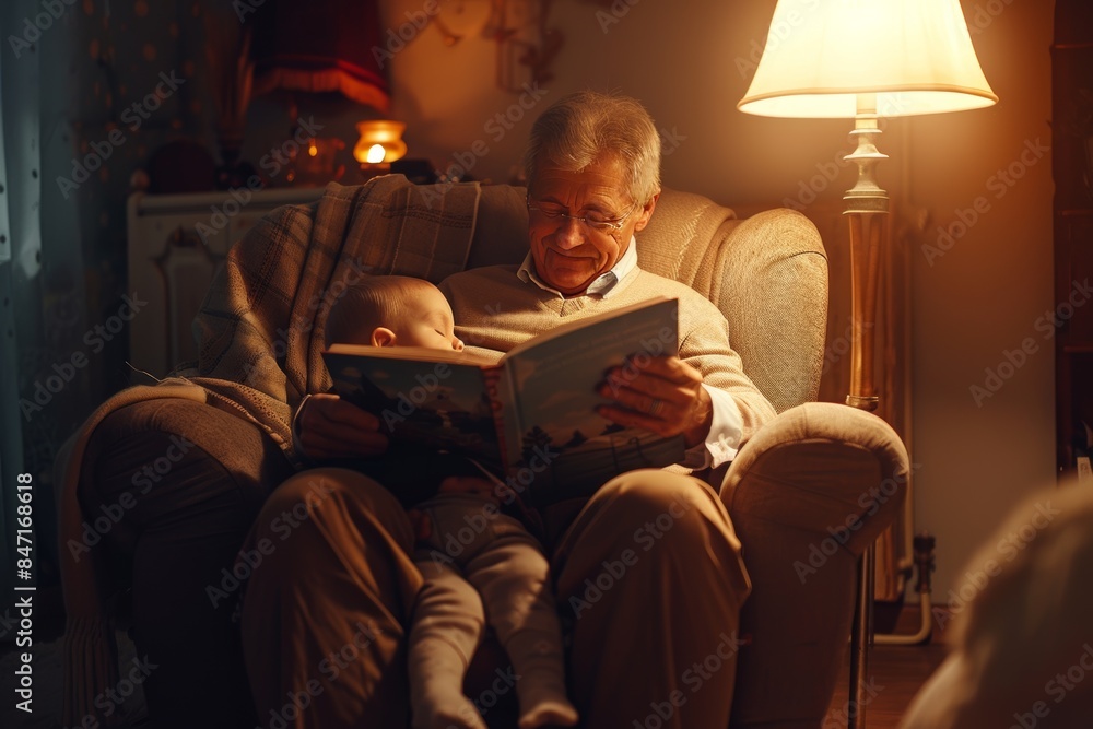 Grandfather Reading to Grandchild in Cozy Evening Living Room Grandfather Reading to Grandchild in Cozy Evening Living Room