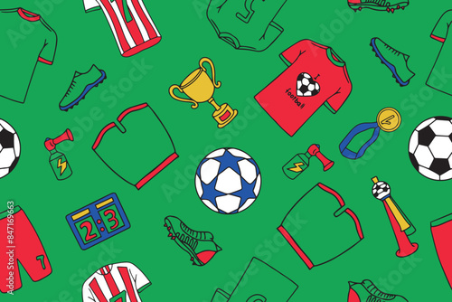 Seamless pattern of clothing and paraphernalia of football players. Football team t-shirts in doodle style. Football decorative illustration. Vector. 