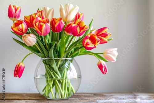 Wallpaper Mural Bouquet of Pink, Red, and Yellow Tulips in a Glass Vase on a Wooden Table Torontodigital.ca