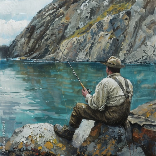 Back of Man Fishing on the Lake Water On Rock Painting Landscape Sunny Day Art Fish Fisher Outdoors Outside Nature