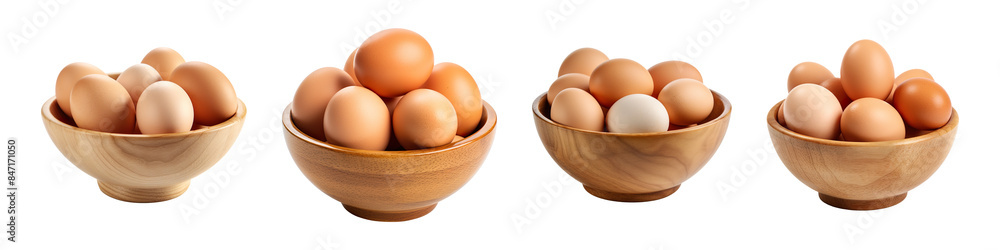 Collection set of chicken eggs in a wooden bowl isolated on transparent background Collection set of chicken eggs in a wooden bowl isolated on transparent background