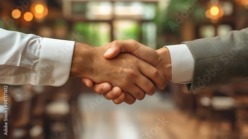 Two men shaking hands in a restaurant