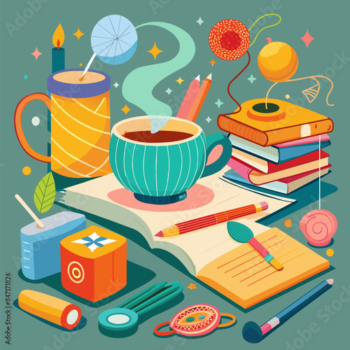 A colorful drawing of a coffee table with a mug, a book, a cup, a spoon, a pencil, a candle, and a clock. Concept of relaxation and leisure
