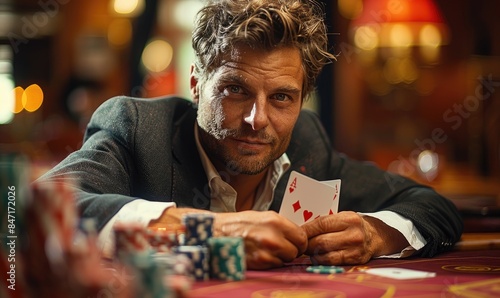 A man in a suit sitting at a poker table and holding aces with lots of chips and money on the table