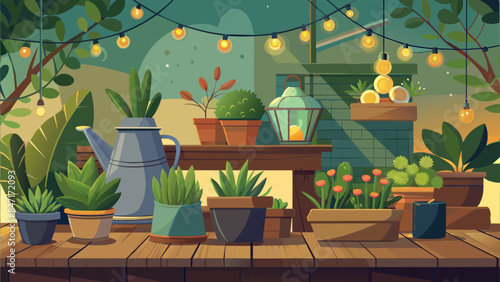 A table with potted plants and a watering can. The plants are arranged in a way that creates a sense of harmony and balance
