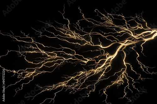 massive yellow lightning bolt with branches isolated on black background