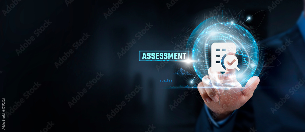 Fototapeta premium Assessment, Evaluation: Businessman Touching Performance Metrics and Global Network. Analysis, Improvement.