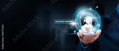 Konstfotografi Customer Support: Businessman Touching Customer Service Icon and Global Network