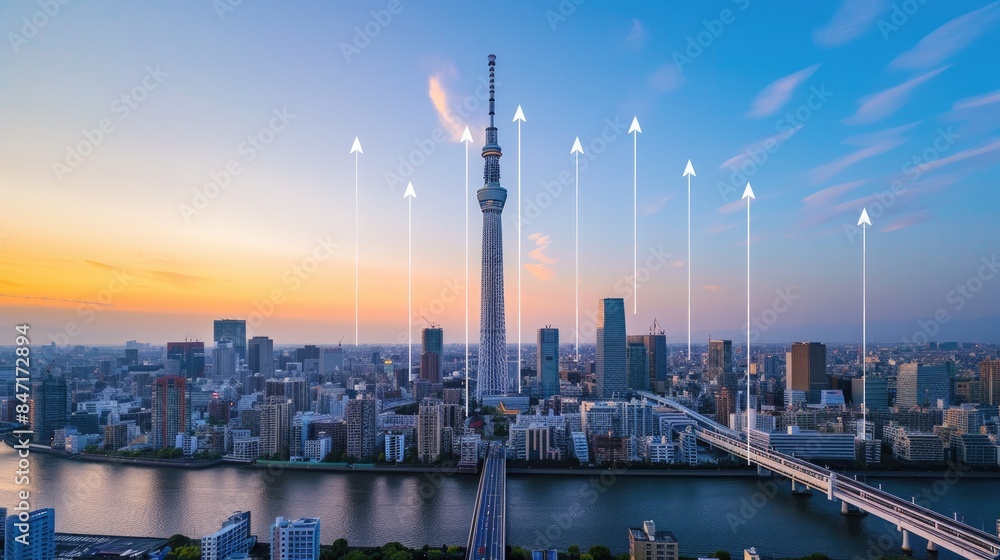 a futuristic cityscape with digital arrows pointing upwards, symbolizing growth and progress in business or community development, against a vibrant backdrop. a futuristic cityscape with digital arrows pointing upwards, symbolizing growth and progress in business or community development, against a vibrant backdrop.