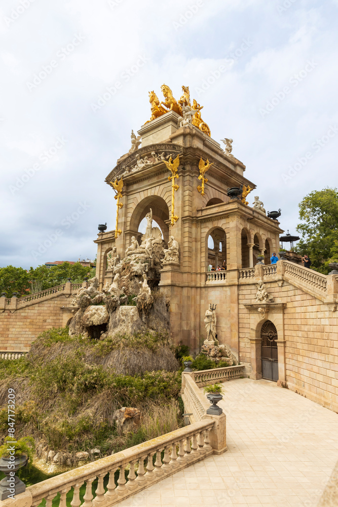 Fototapeta premium Barcelona, Spain - May 2, 2024, Sculpture of stone horses on Ciutadella park fountain, Catalonia, Spain