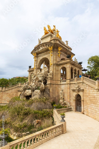 Barcelona, ​​Spain - May 2, 2024, Sculpture of stone horses on Ciutadella park fountain, Catalonia, Spain