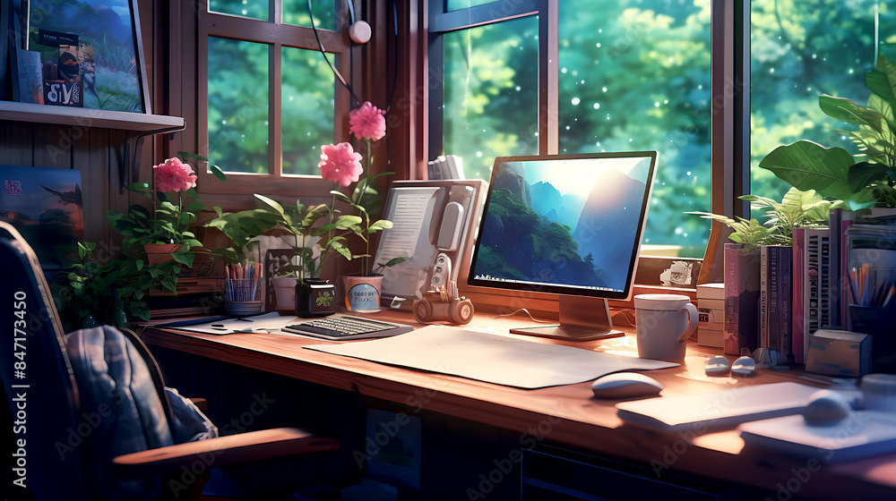 Lofi interior. Window view of a forest, jungle. Lofi interior. Window view of a forest, jungle.