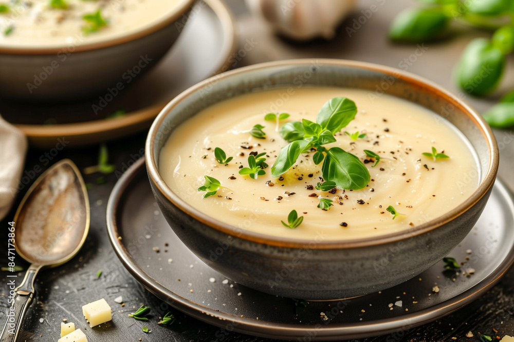delicate creamy cream soup in bowl, selective focus delicate creamy cream soup in bowl, selective focus