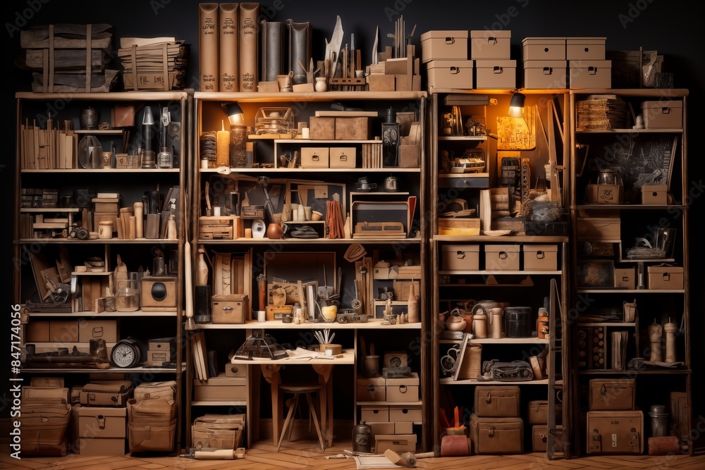 a bunch of shelves and boxes with various objects against the wall, as a background and part of the interior a bunch of shelves and boxes with various objects against the wall, as a background and part of the interior