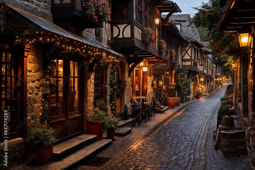 Fototapeta premium evening street in the old European city, cobblestone pavement, facades decorated with flowers, lanterns and night lights, vintage style