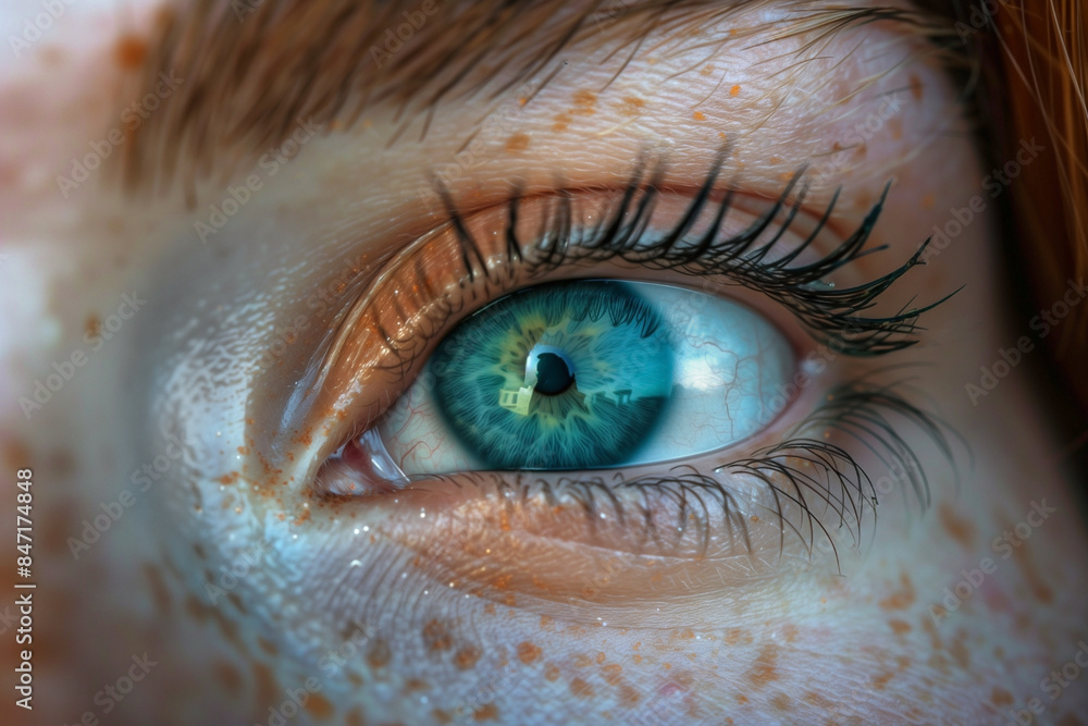 female eye with long eyelashes and freckles on the face, close-up