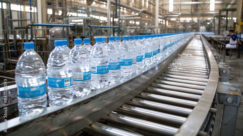 Empty PET bottles on a conveyor belt during the water factory's filling process, using advanced plastic bottle manufacturing technology. Empty PET bottles on a conveyor belt during the water factory's filling process, using advanced plastic bottle manufacturing technology.