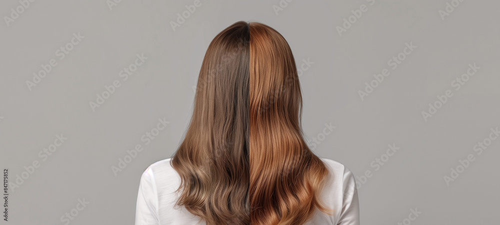 Naklejka premium Photo of a woman divided into halves before and after hair treatment on a grey background