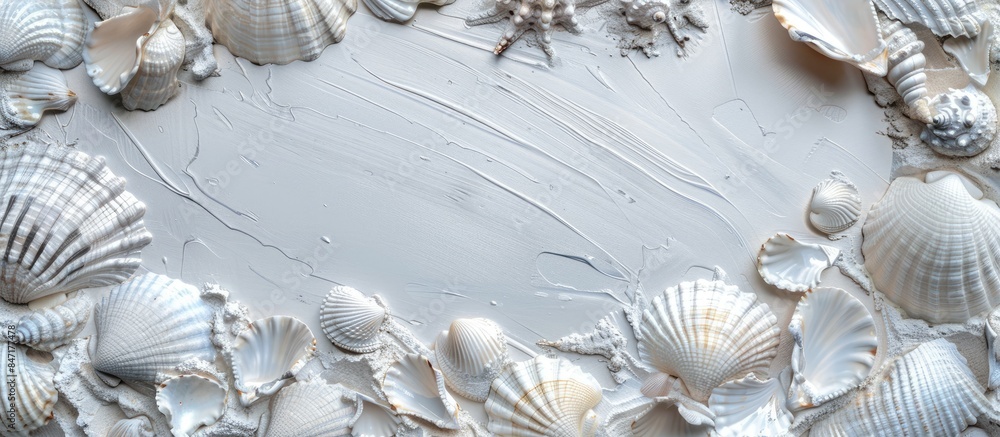 Obraz premium Silver seashells on metal with blank space, inspired by marine life.